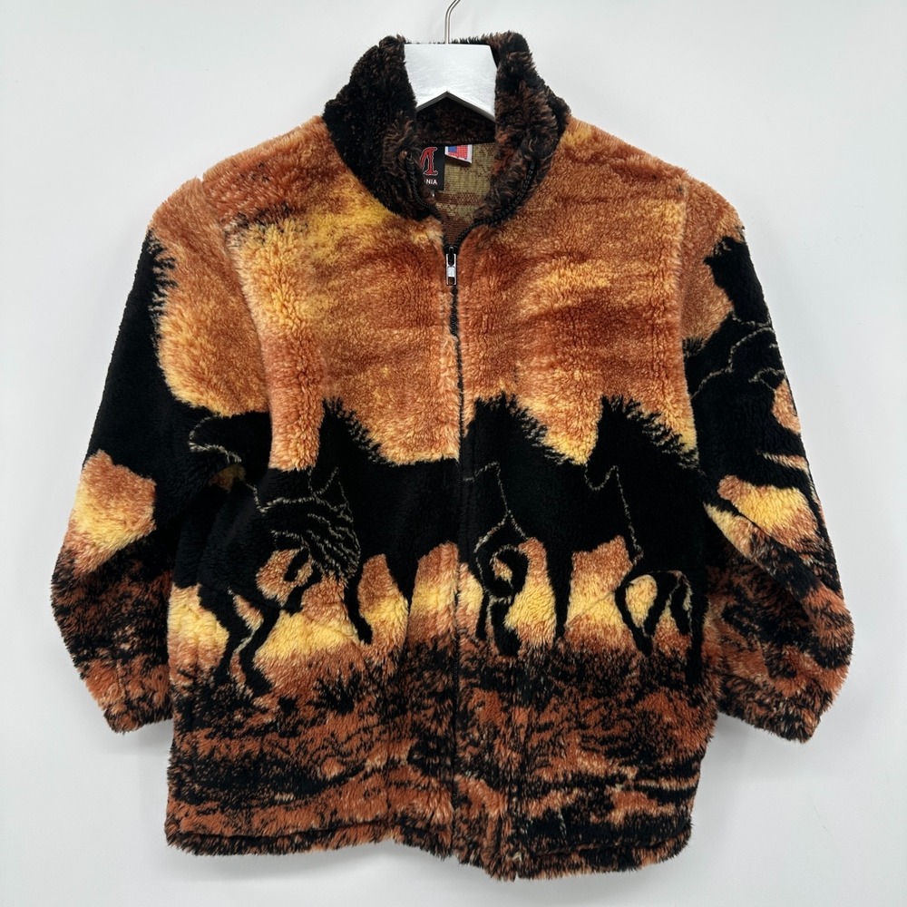 Vintage Mazmania‎ Jacket Coat Kids Youth Size 7/8 Medium Deep Pile Fleece Horses